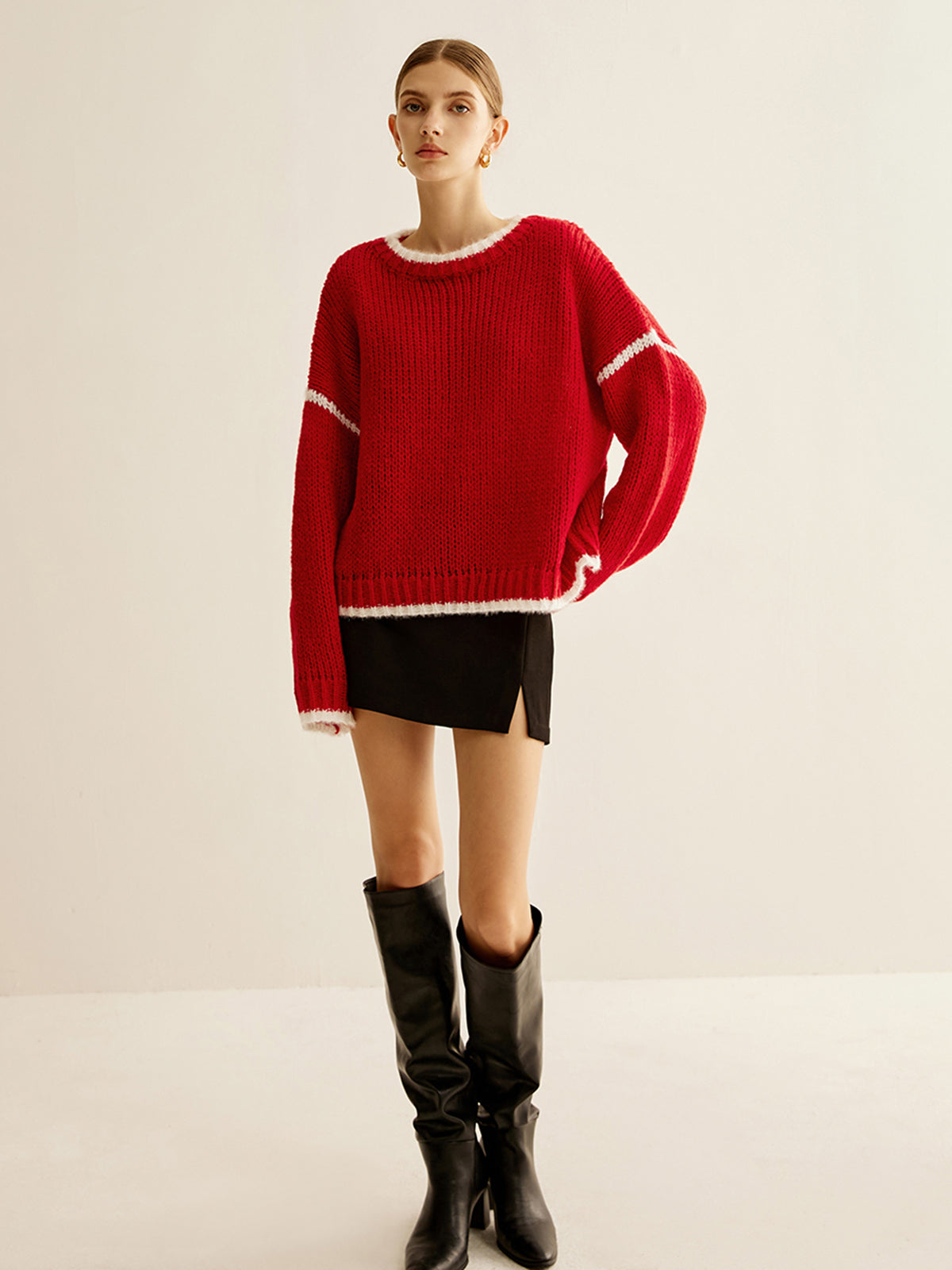 Kruvaze Yaka Kontrast Kenar Sweatshirt Kırmızı Örme