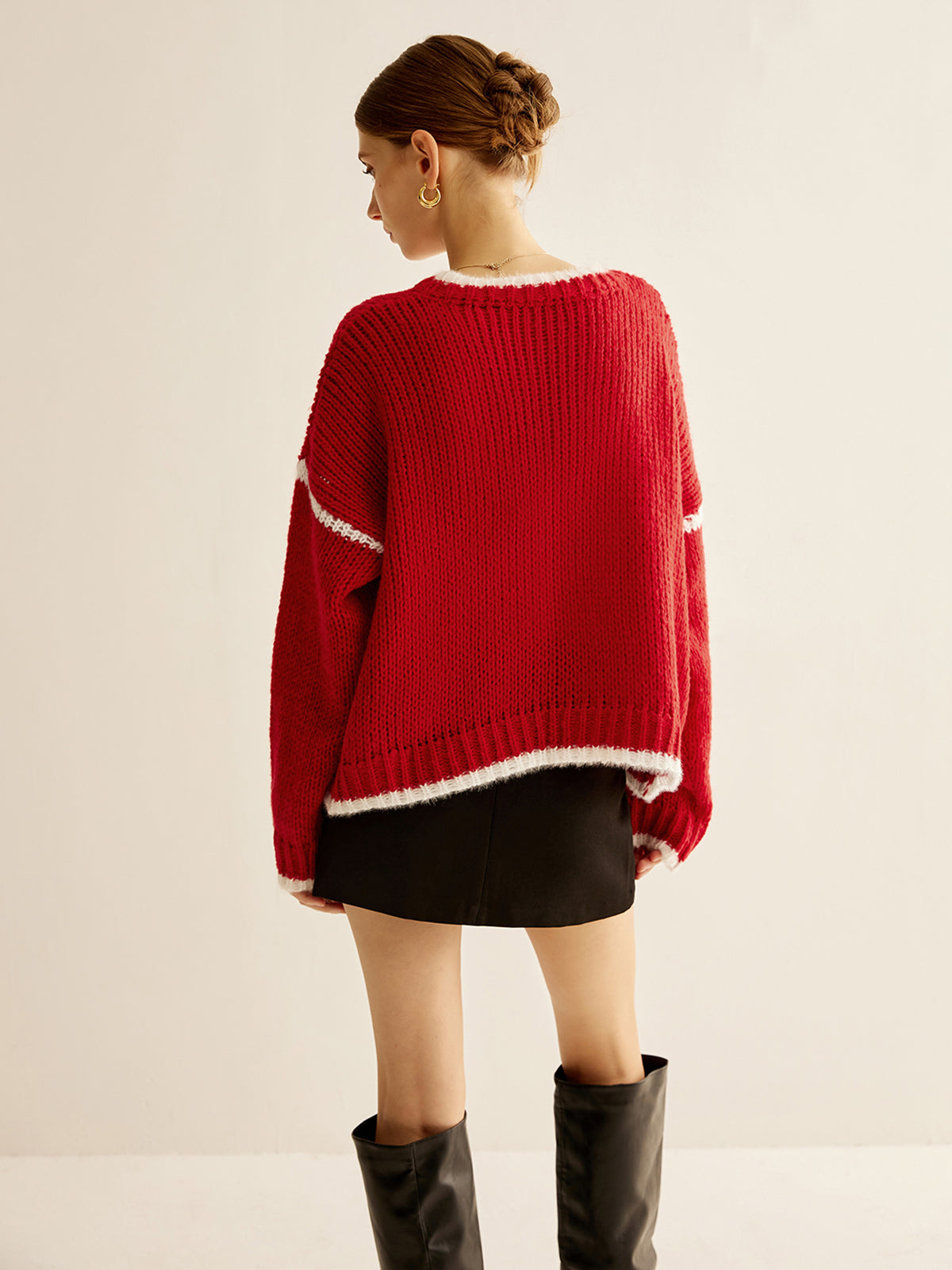 Kruvaze Yaka Kontrast Kenar Sweatshirt Kırmızı Örme