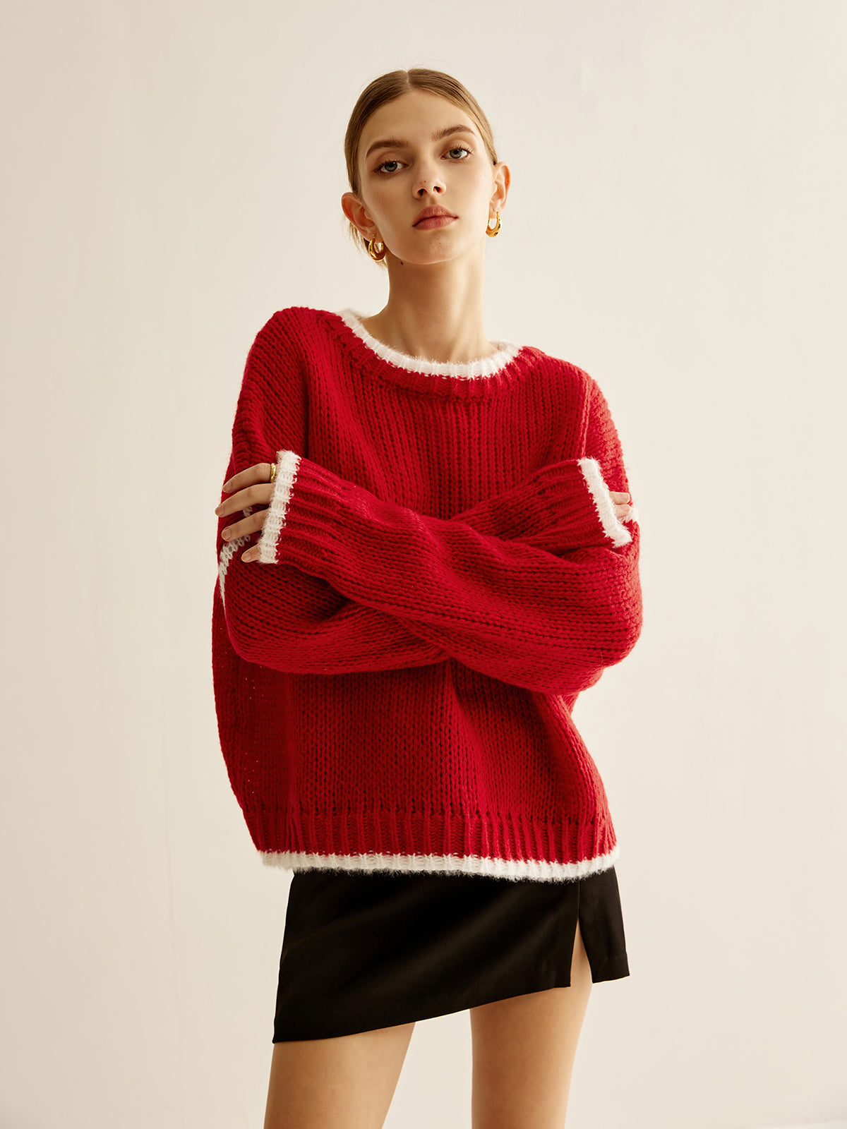 Kruvaze Yaka Kontrast Kenar Sweatshirt Kırmızı Örme