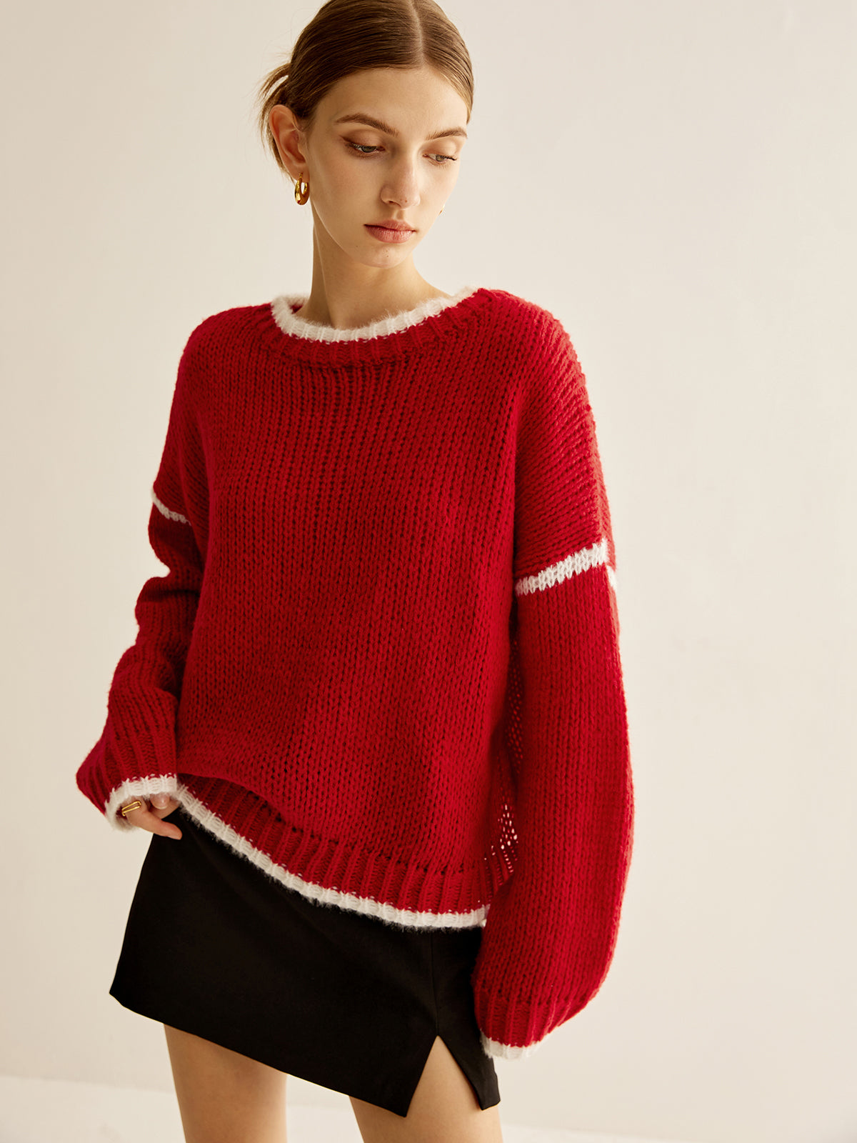 Kruvaze Yaka Kontrast Kenar Sweatshirt Kırmızı Örme