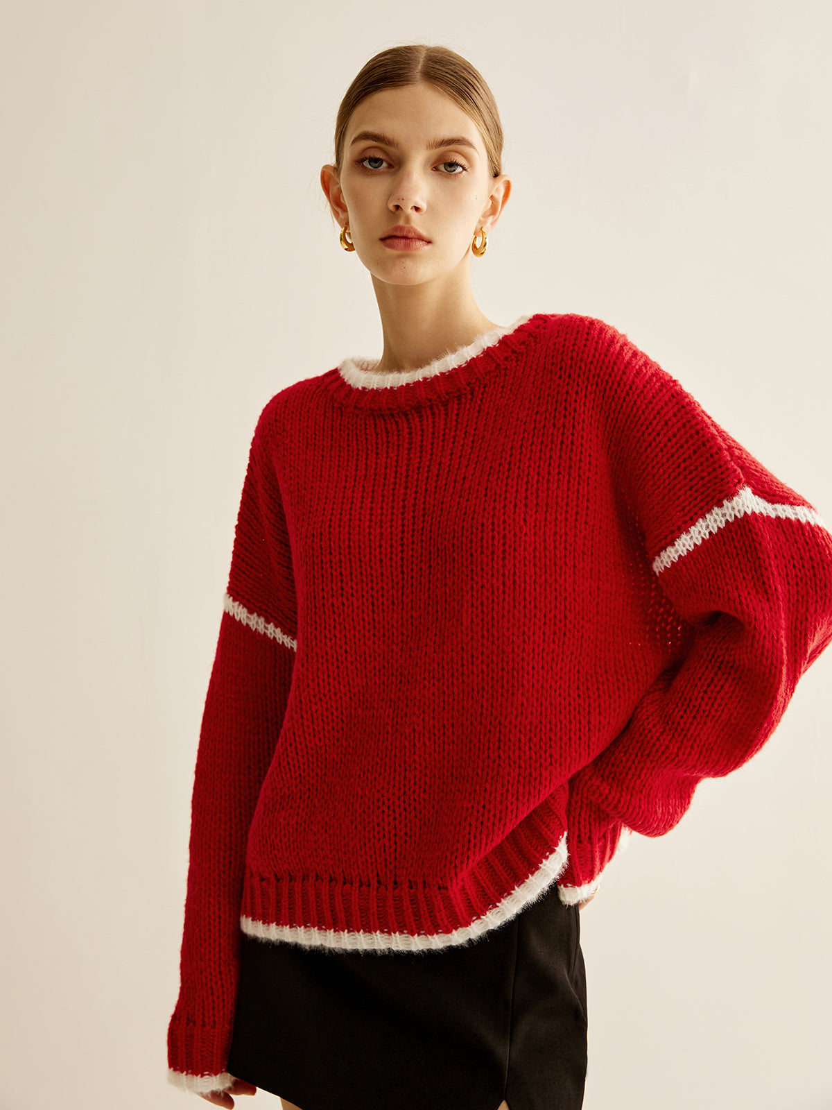 Kruvaze Yaka Kontrast Kenar Sweatshirt Kırmızı Örme