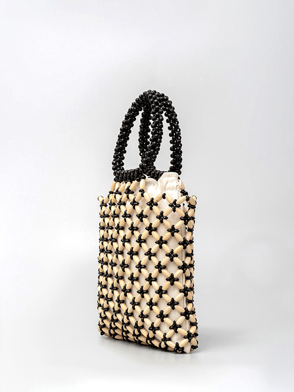 Zıt Bağlama Ahşap Boncuklu Dokuma El Çantası Siyah Beyaz