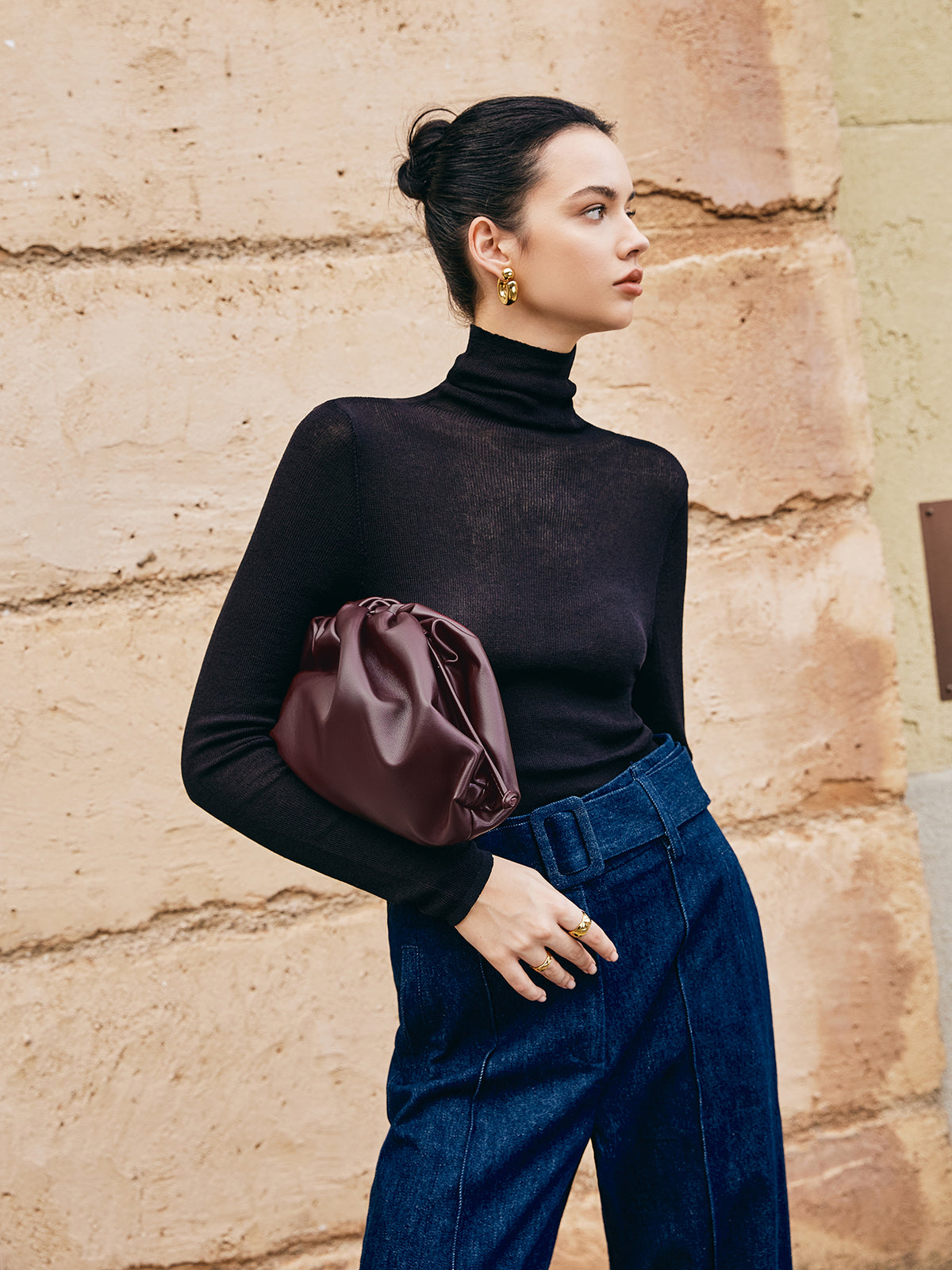 Büzgülü Yumuşak Clutch Çanta Bordo