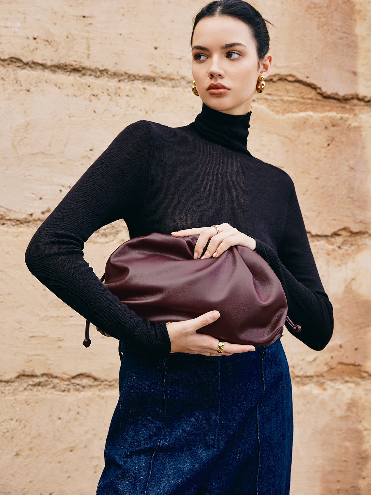 Büzgülü Yumuşak Clutch Çanta Bordo