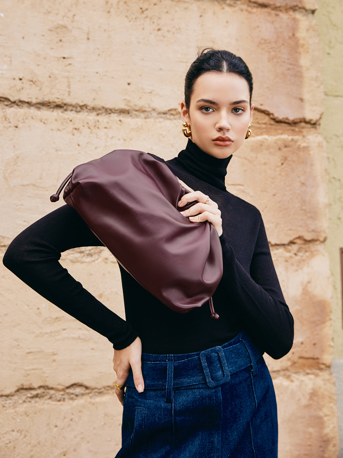 Büzgülü Yumuşak Clutch Çanta Bordo