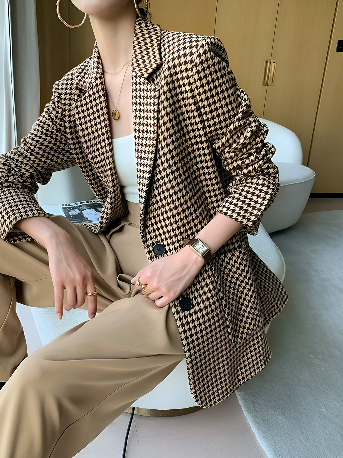 Desenli Blazer Ceket Uzun Kol Haki