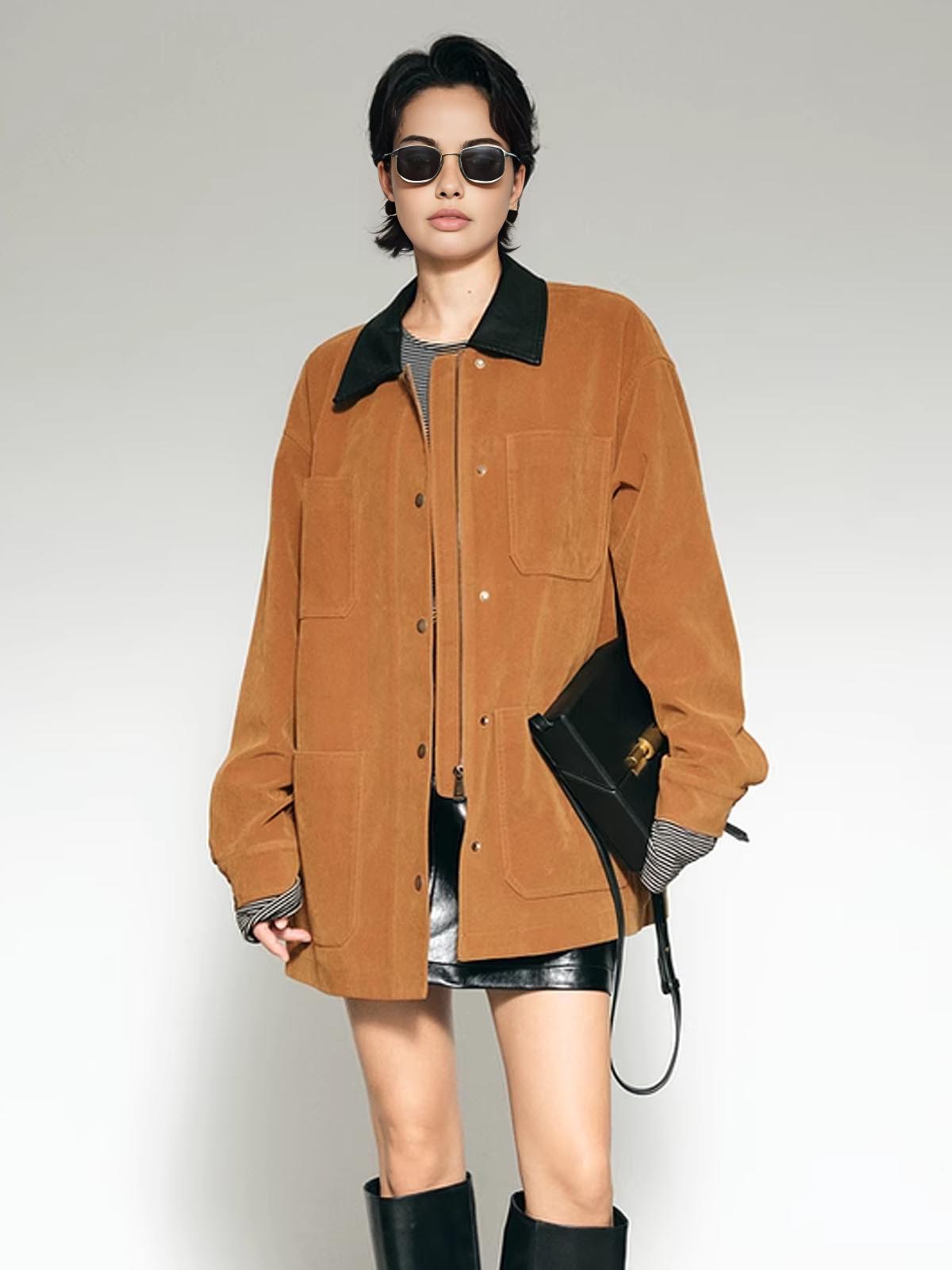 Kontrast Yaka Oversize Süet Ceket