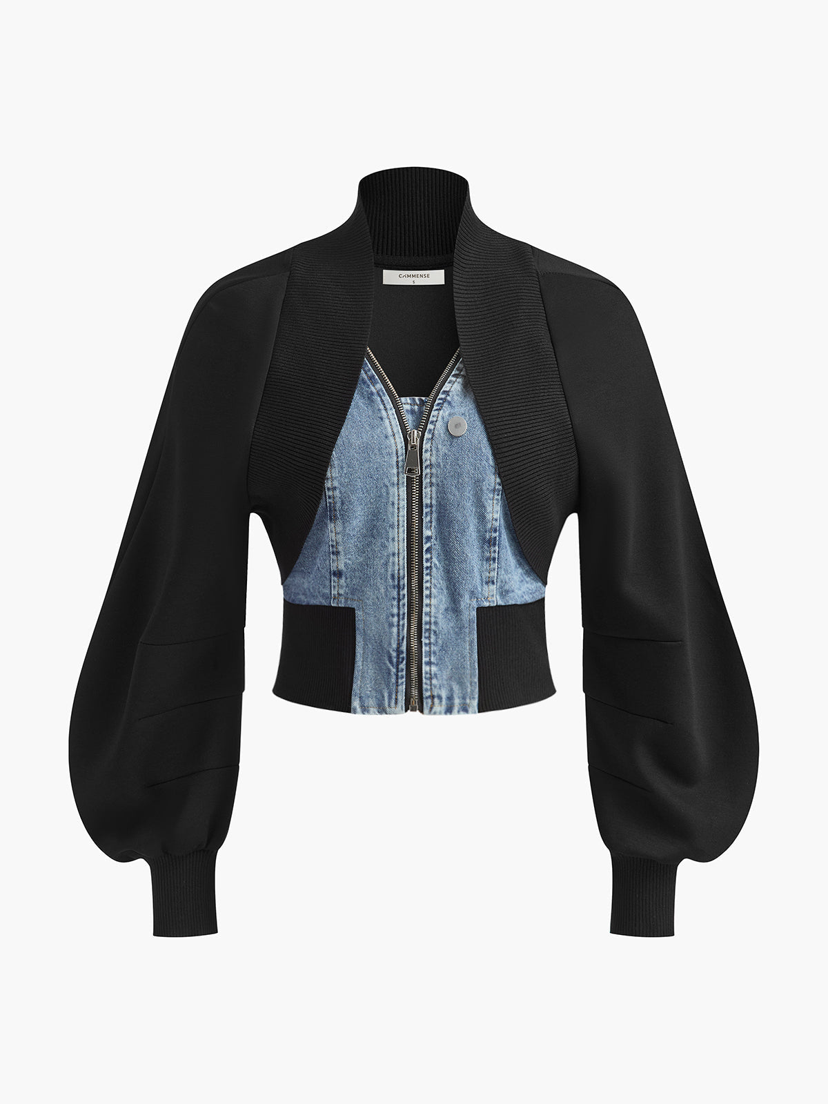 Puf Kollu Denim Panel İnce Ceket Mavi Renk Bloklu