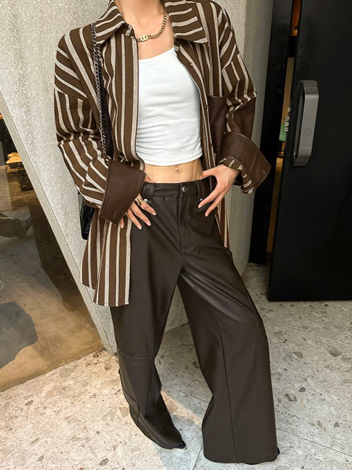 Oversize Pamuklu Panel Çizgili Polo Gömlek - 3. görünüm