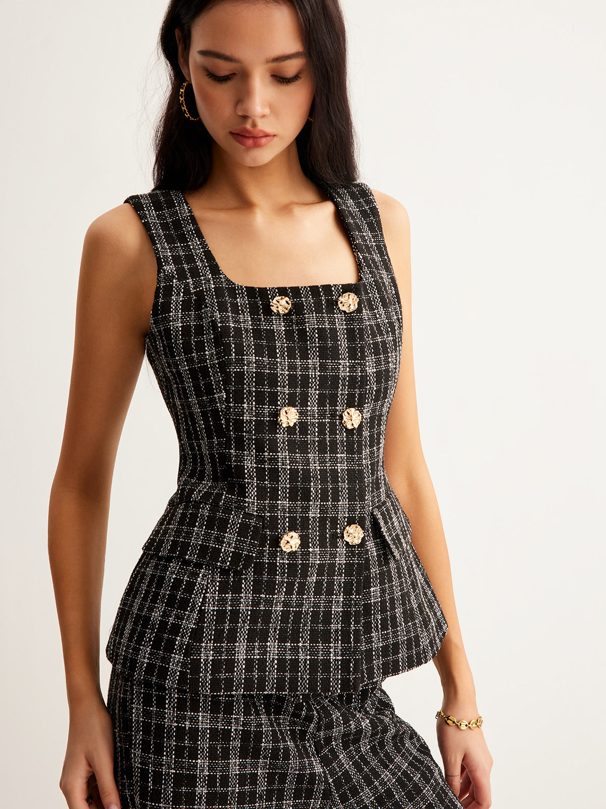 Kareli Tweed Düğmeli Yelek - 5. görünüm