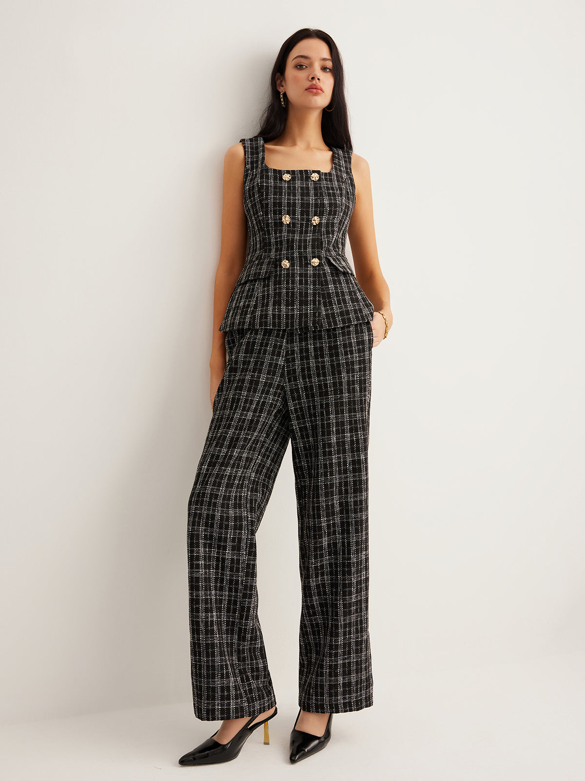 Kareli Tweed Düğmeli Yelek - 8. görünüm