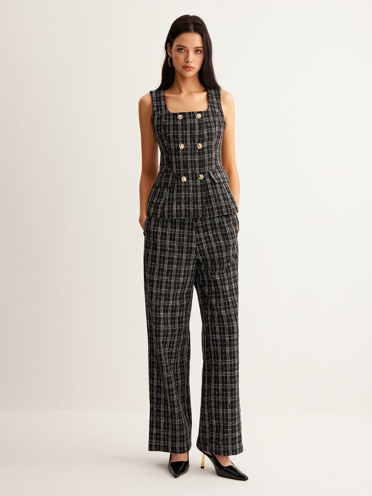 Kareli Tweed Düğmeli Yelek - 3. görünüm