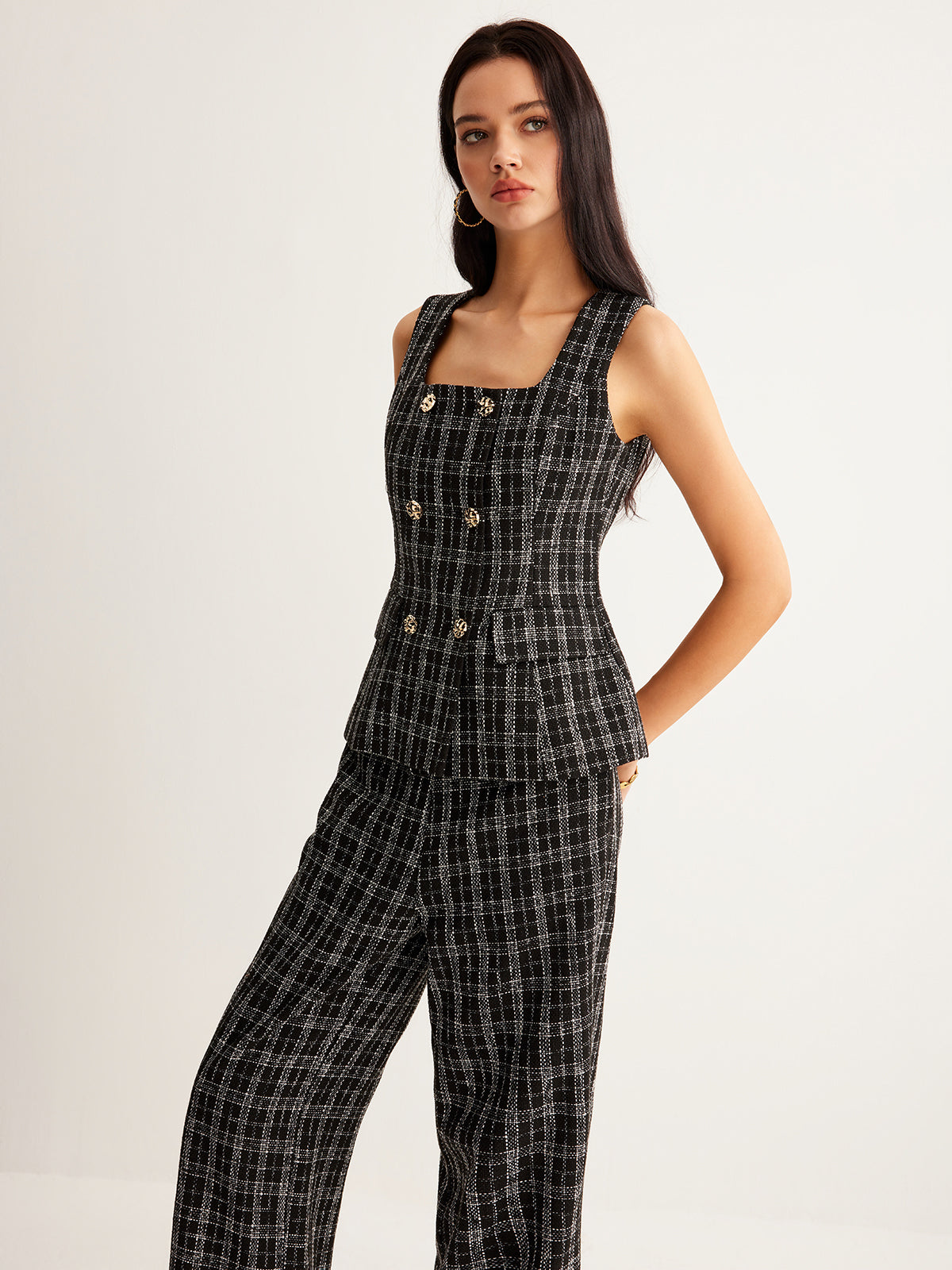 Kareli Tweed Düğmeli Yelek - 4. görünüm