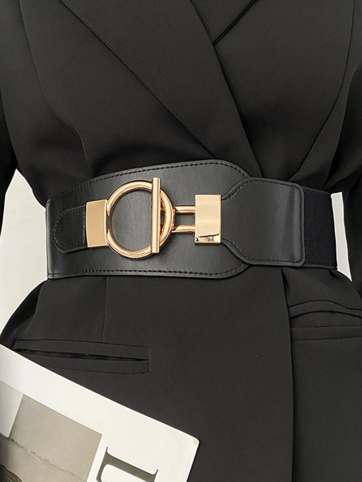 Metal Lariat Esnek Geniş Kemer Siyah Altın Detaylı