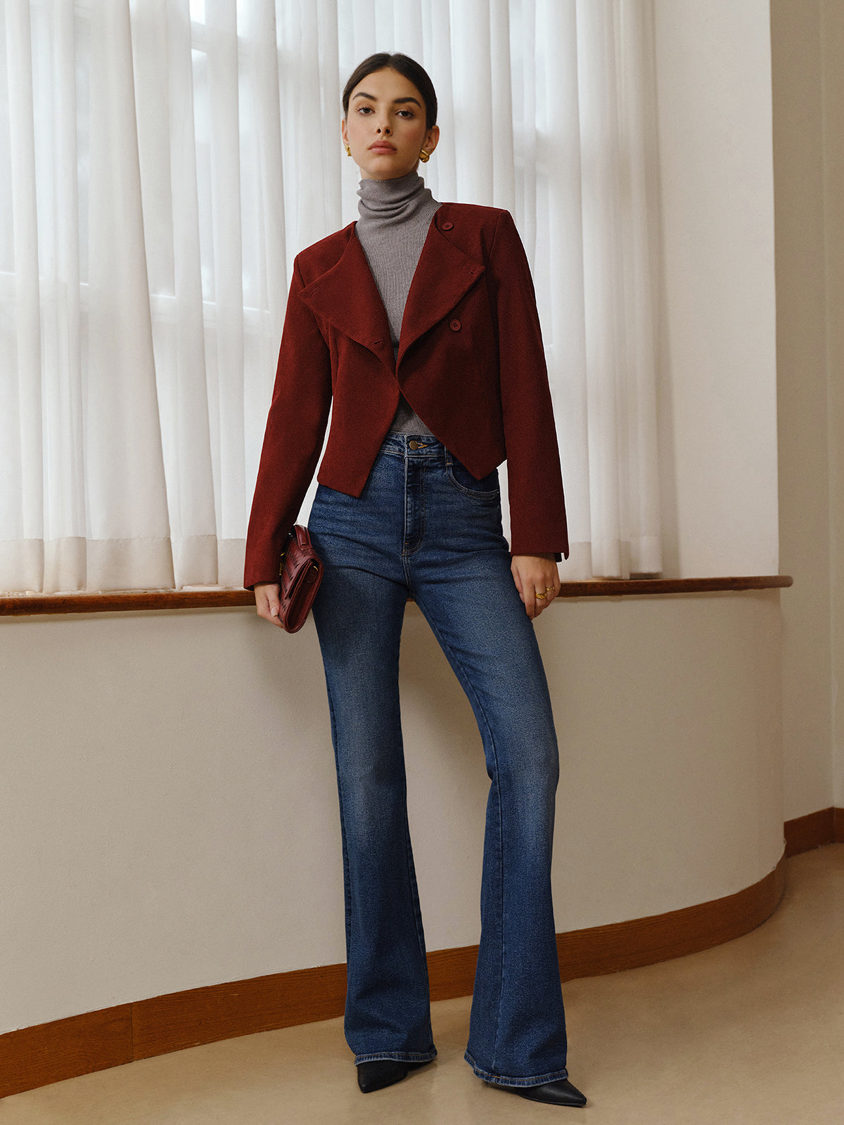 Asimetrik Yaka Kısa Blazer Bordo Düğmeli