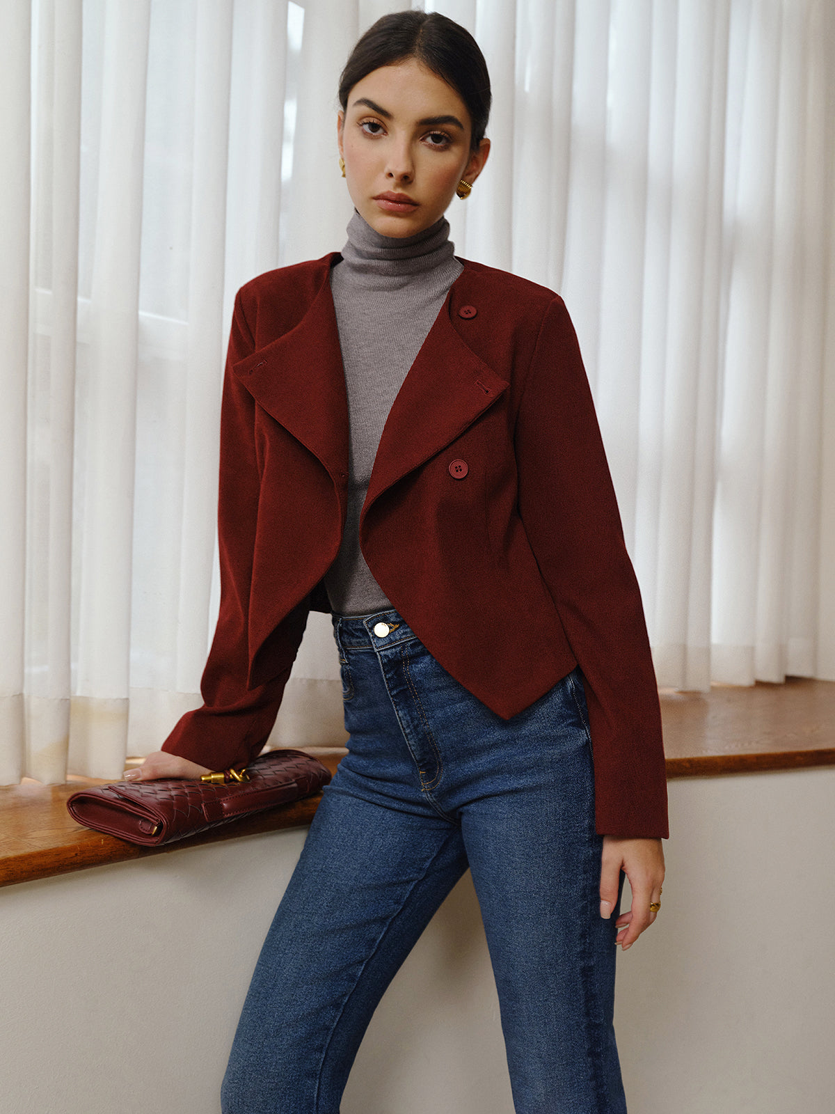Asimetrik Yaka Kısa Blazer Bordo Düğmeli