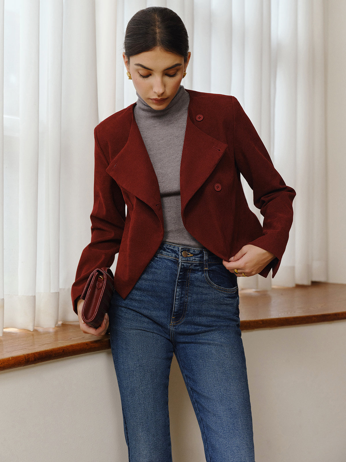 Asimetrik Yaka Kısa Blazer Bordo Düğmeli
