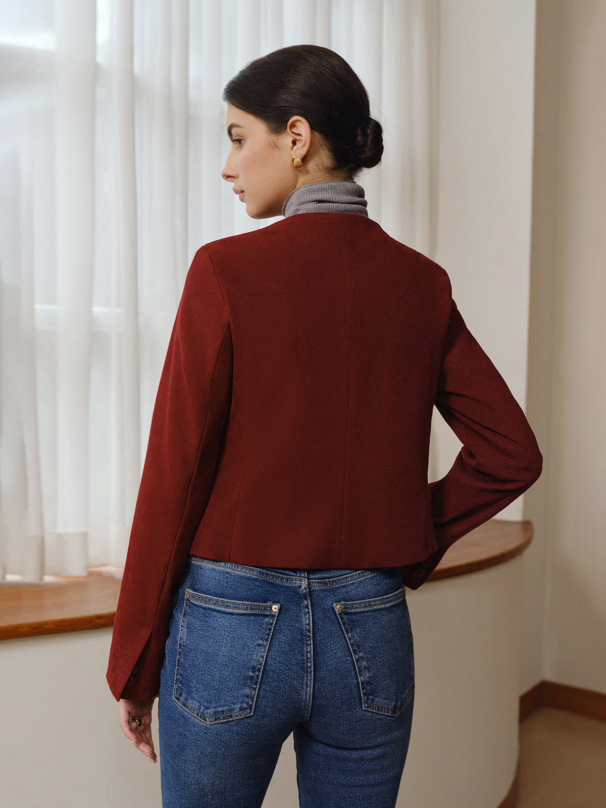 Asimetrik Yaka Kısa Blazer Bordo Düğmeli