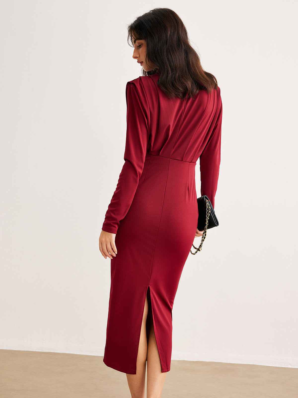 Plise Jersey Midi Elbise Uzun Kol Bordo Yuvarlak Yaka