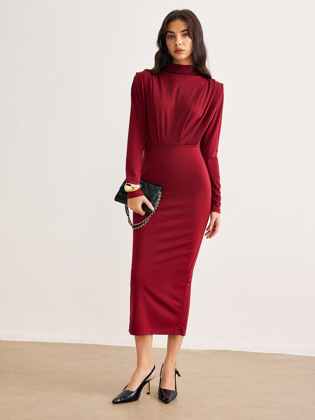 Plise Jersey Midi Elbise Uzun Kol Bordo Yuvarlak Yaka