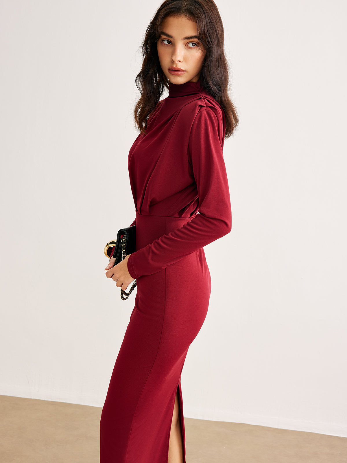 Plise Jersey Midi Elbise Uzun Kol Bordo Yuvarlak Yaka
