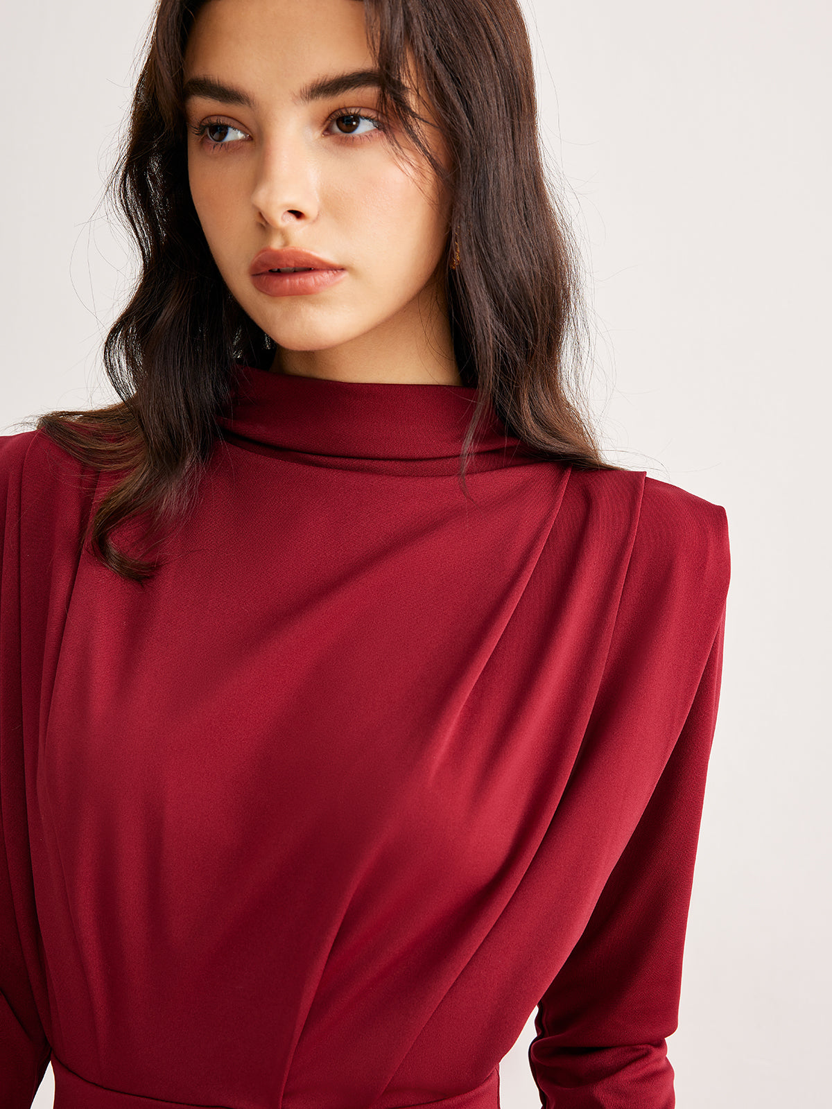 Plise Jersey Midi Elbise Uzun Kol Bordo Yuvarlak Yaka