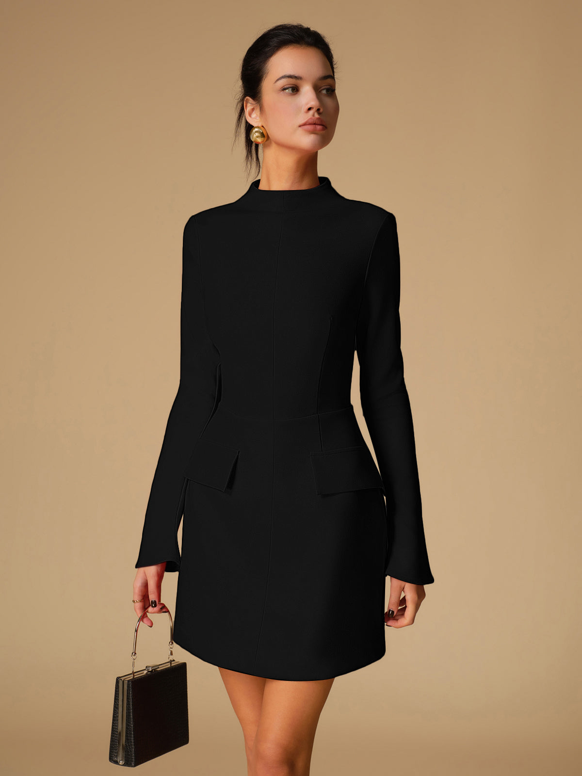 Minimalist Yüksek Yaka Uzun Kol Abiye Elbise Kırmızı