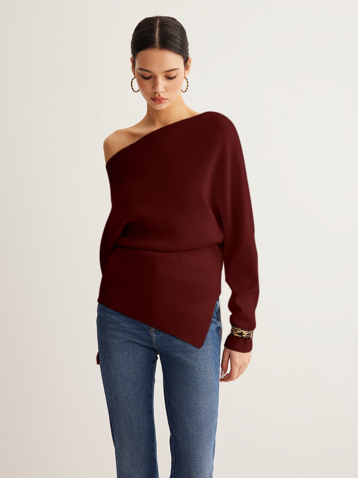 Asimetrik Yaka Yün Karışımlı Triko Bluz - Bordo - görsel 1