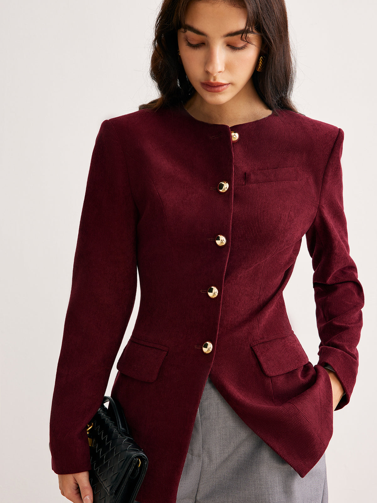 Yuvarlak Yaka Düğmeli Kadife Blazer - 2. görünüm