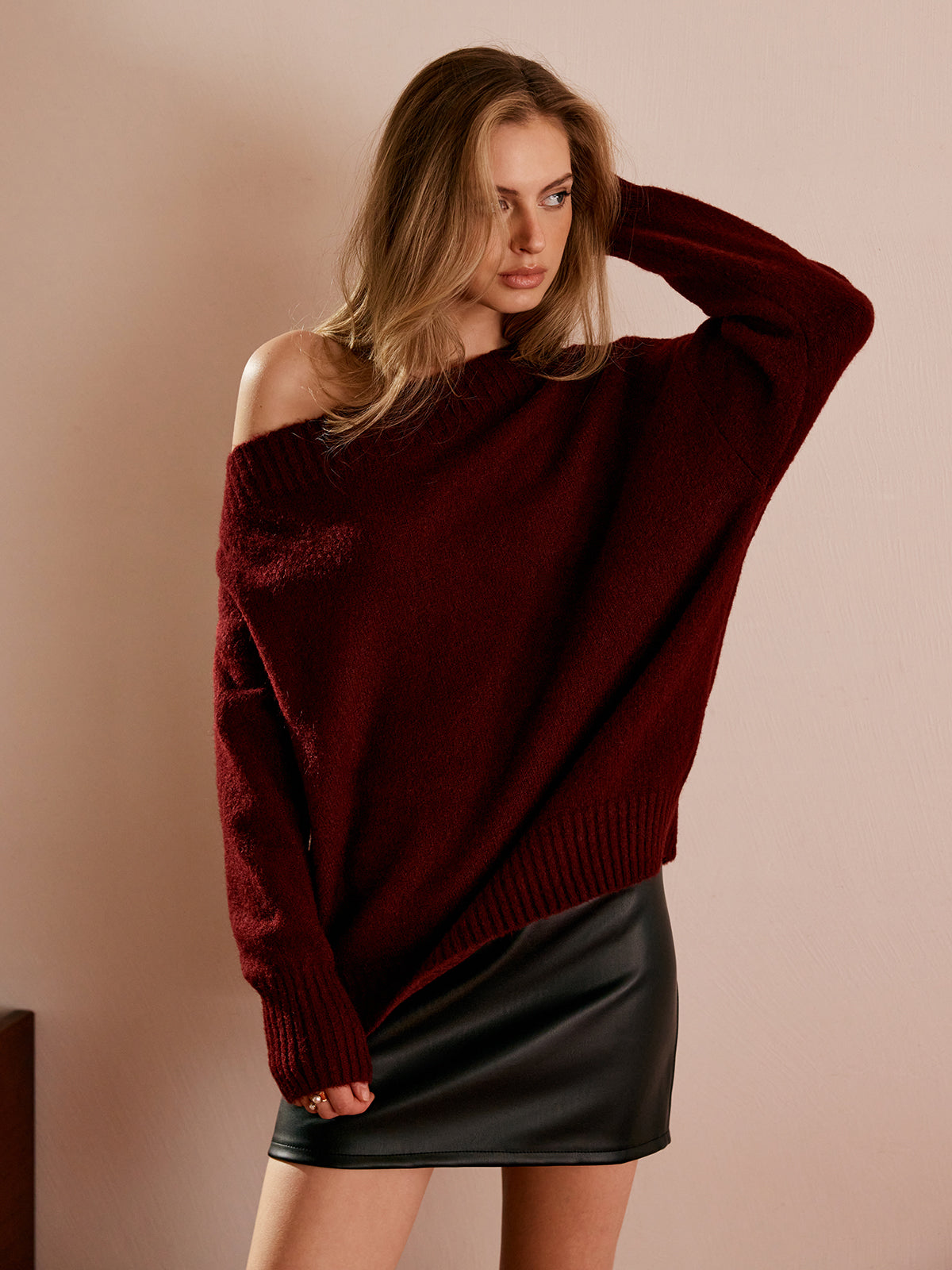 Tek Omuz Drapeli Triko Kazak Bordo Oversize - 3. görünüm