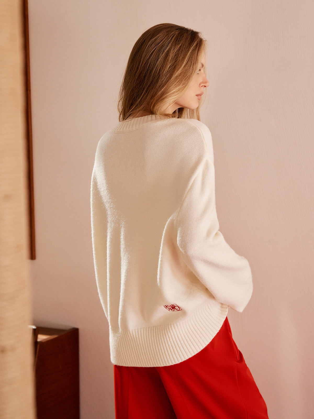 Jakarlı Triko Sweatshirt Yuvarlak Yaka Uzun Kol Ekru Kırmızı