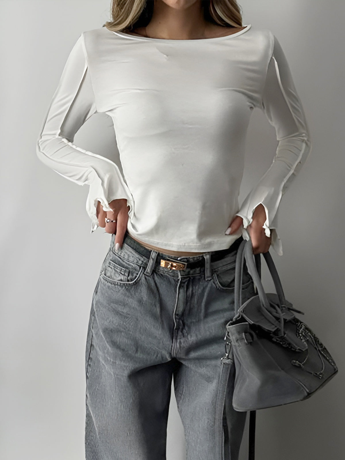Dalga Kenarlı Skinny Jersey Tişört Beyaz Uzun Kol