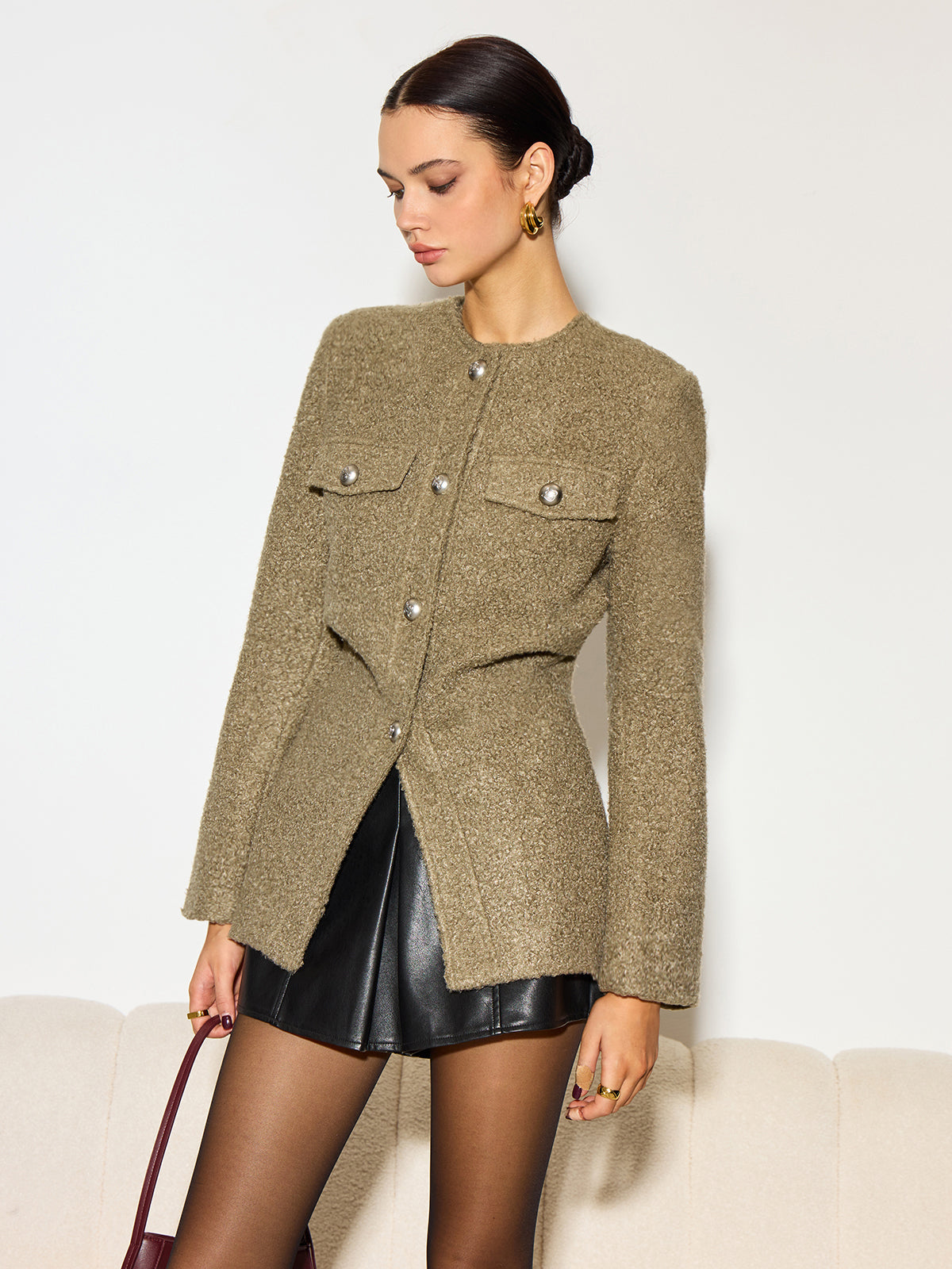 Yuvarlak Yaka Düğmeli Tweed Mont - 2. görünüm