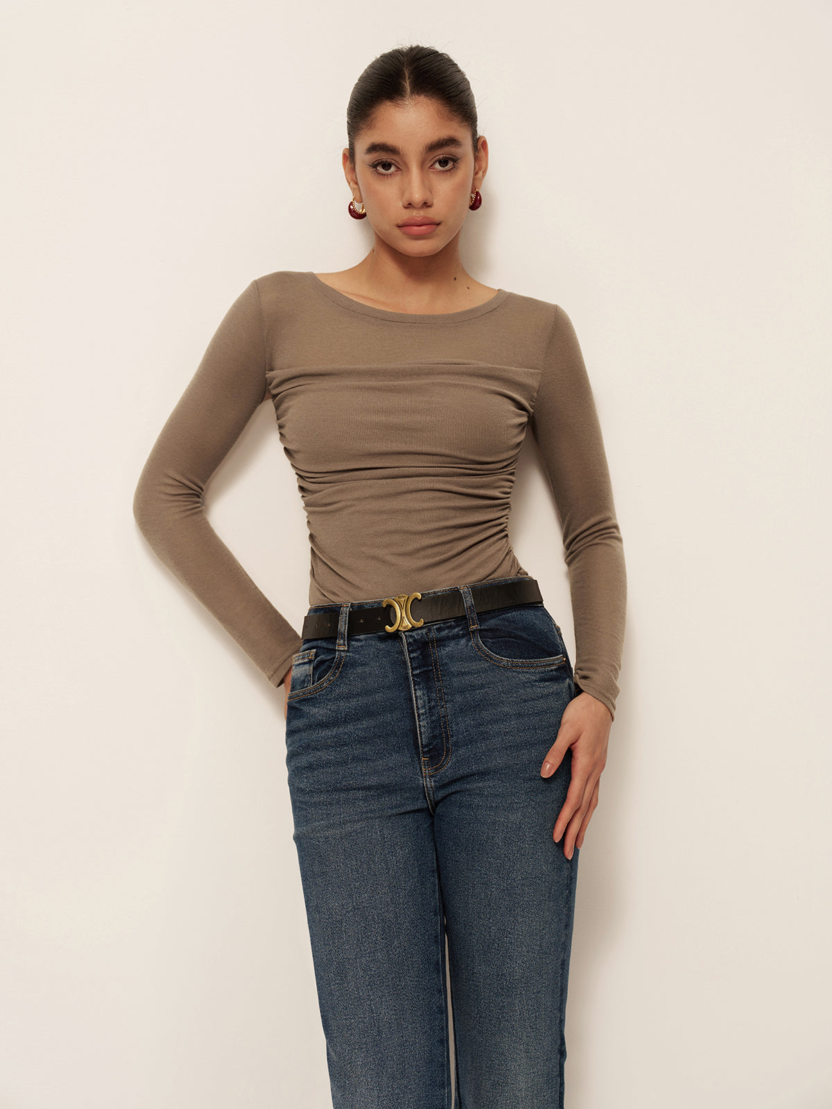 Pliseli Uzun Kollu Slim Fit Tişört Haki