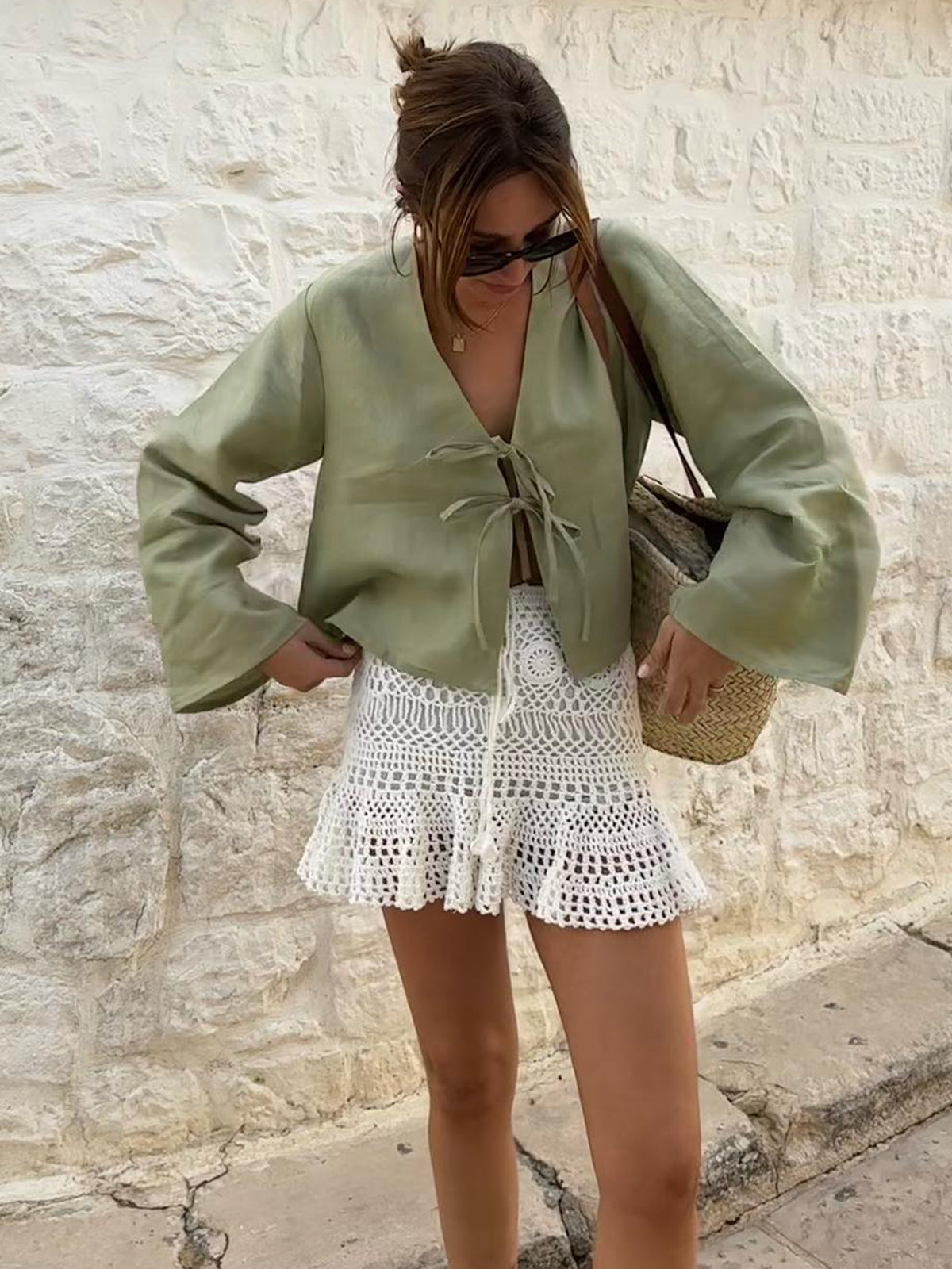 Oversize Uzun Önden Bağcıklı Kollu Bluz