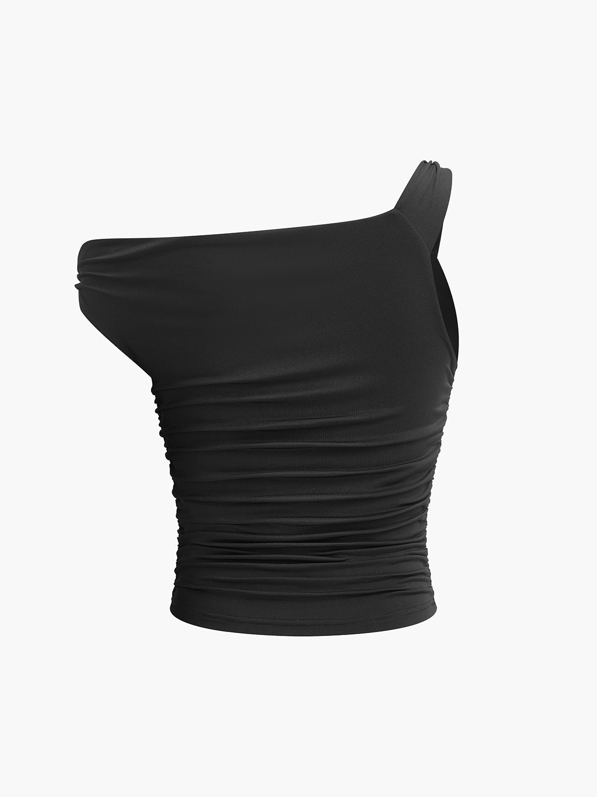 Asimetrik Yaka Plise Tişört Siyah Slim Fit