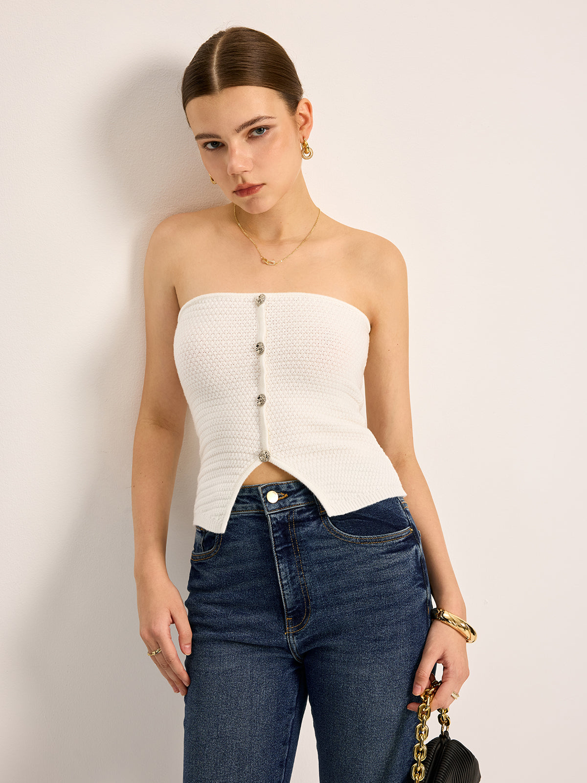 Düğmeli Askısız Triko Üst Beyaz Slim Fit