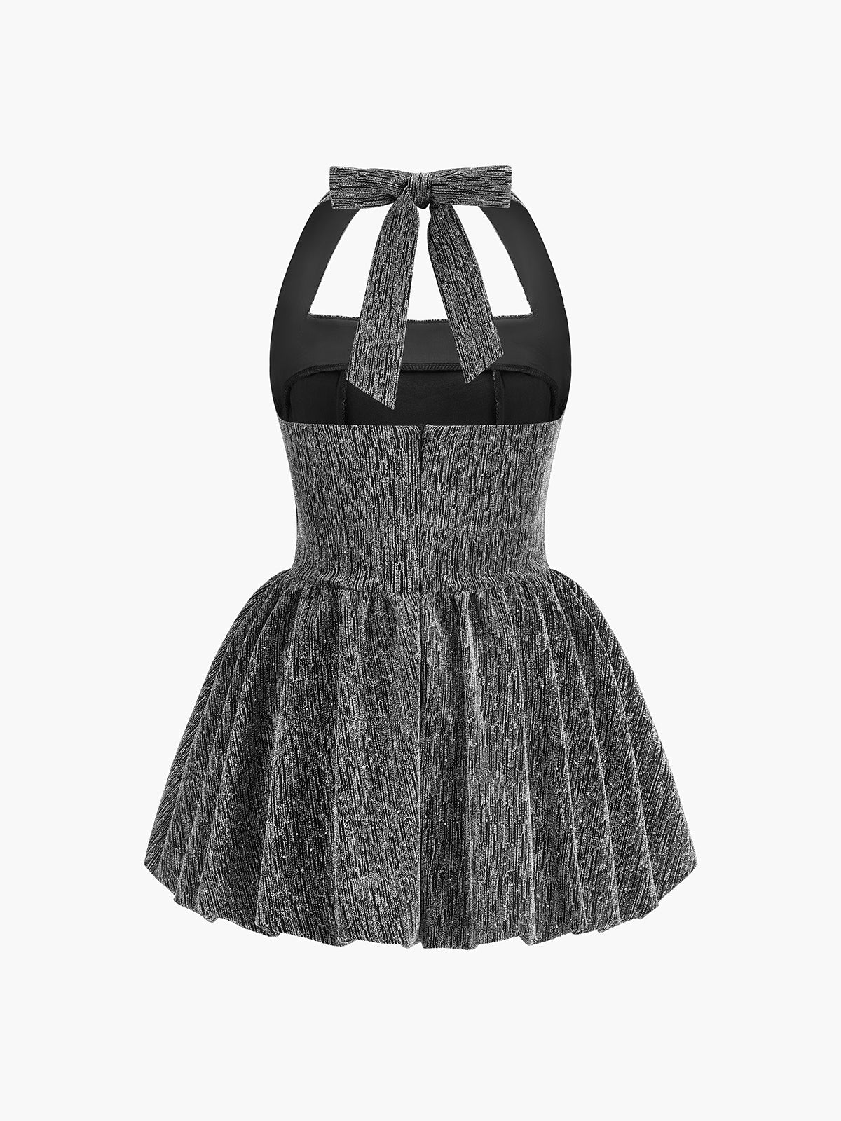 Halter Yaka Sırt Açık Plise Elbise Gümüş Kısa Kesim