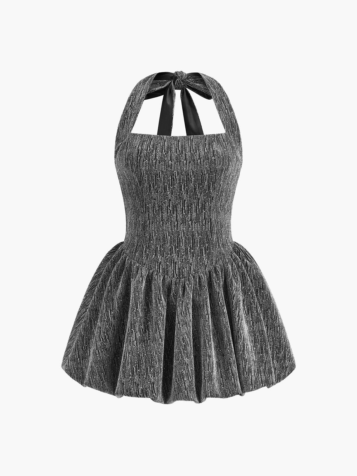 Halter Yaka Sırt Açık Plise Elbise Gümüş Kısa Kesim