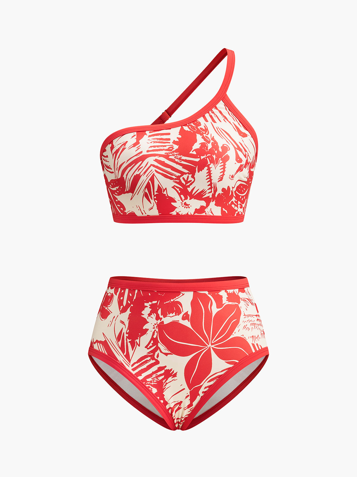 Tropikal Cennet Tek Omuzlu Bikini Takımı Kırmızı Çiçekli