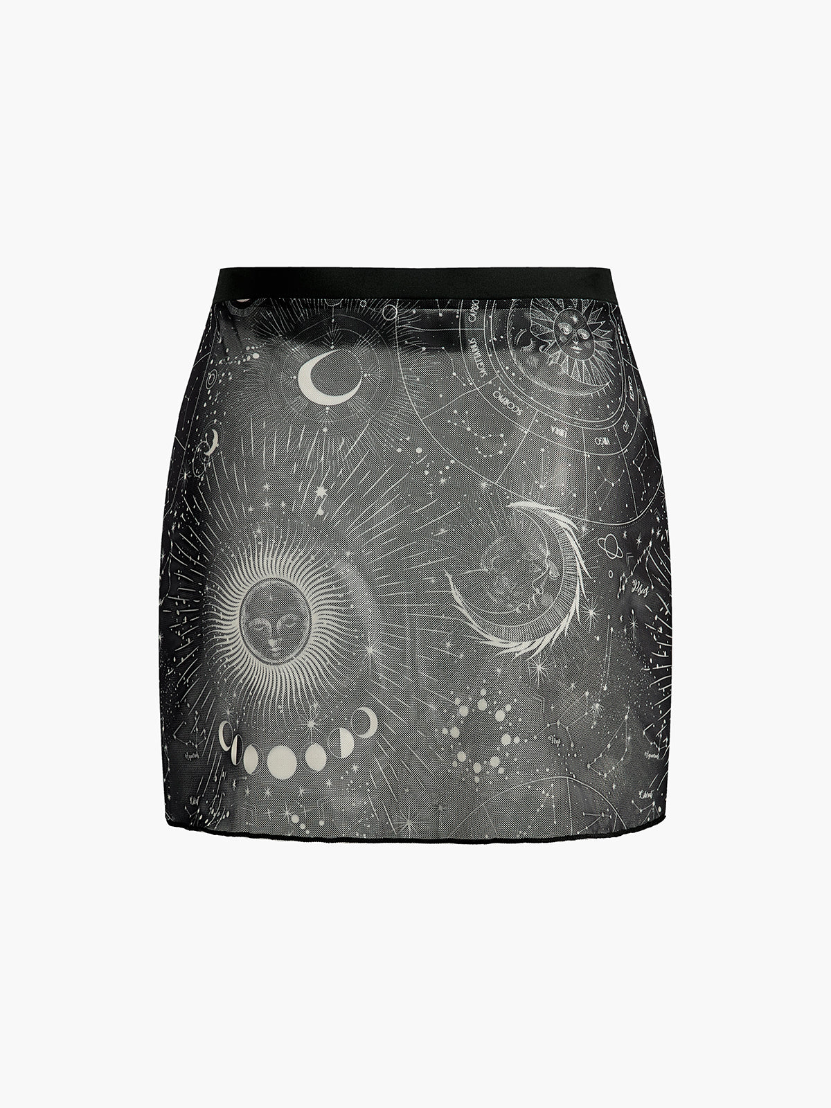 Astroloji Baskılı Mini Etek Siyah Mesh Detaylı