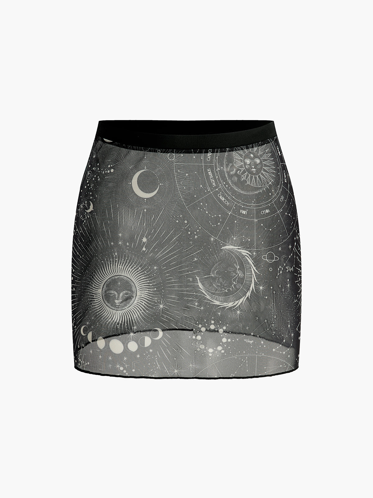 Astroloji Baskılı Mini Etek Siyah Mesh Detaylı