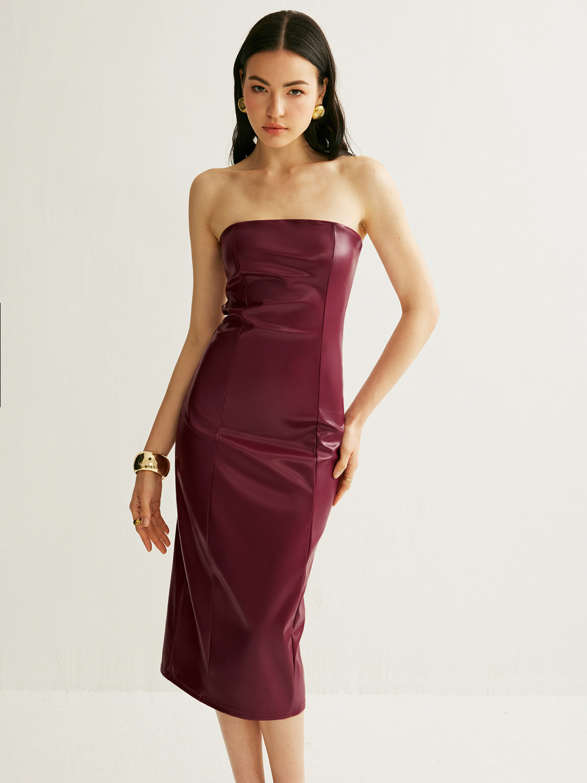 Askısız Yırtmaçlı Midi Elbise Bordo Suni Deri