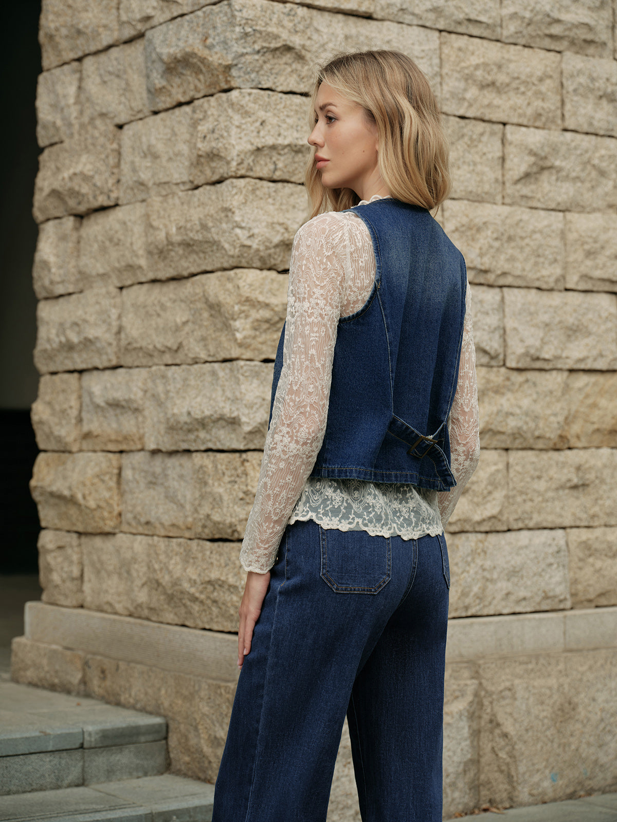 Denim Kolsuz Yelek Mavi V Yaka Regular Fit
