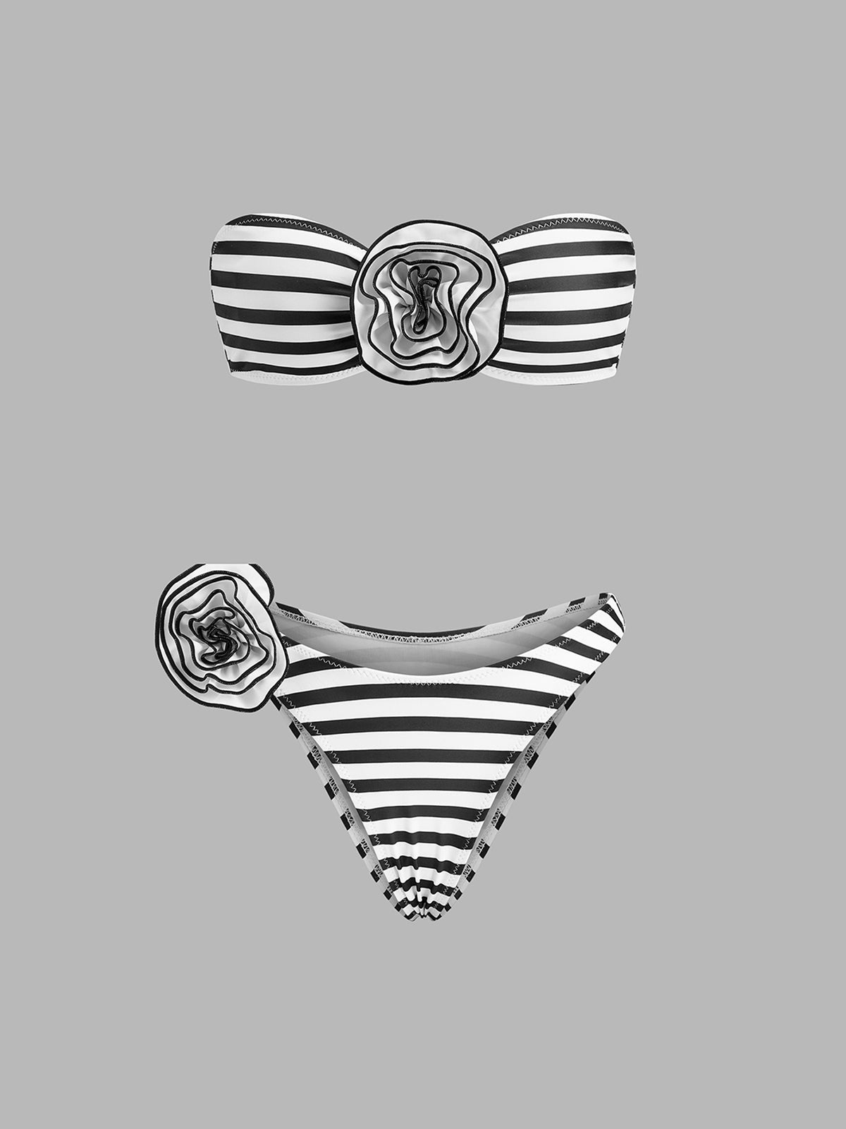 Çizgili Bandeau Bikini Takımı Siyah Beyaz Çiçek Detaylı