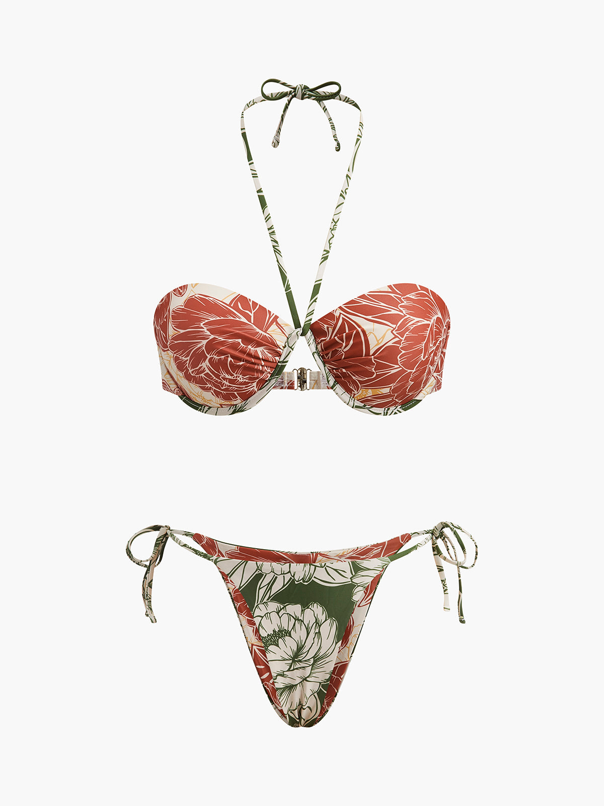 Çiçek Desenli Bikini Takımı Bağlamalı Etek Pembe Yeşil