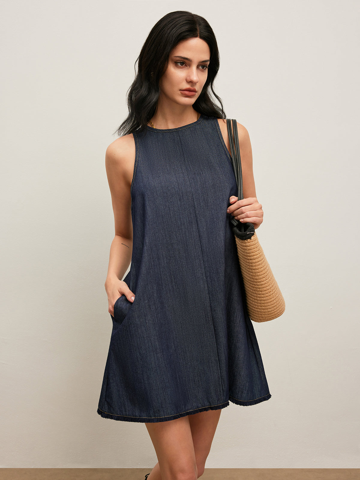 Şık Arka Bağlamalı Kot Elbise Lacivert Askısız