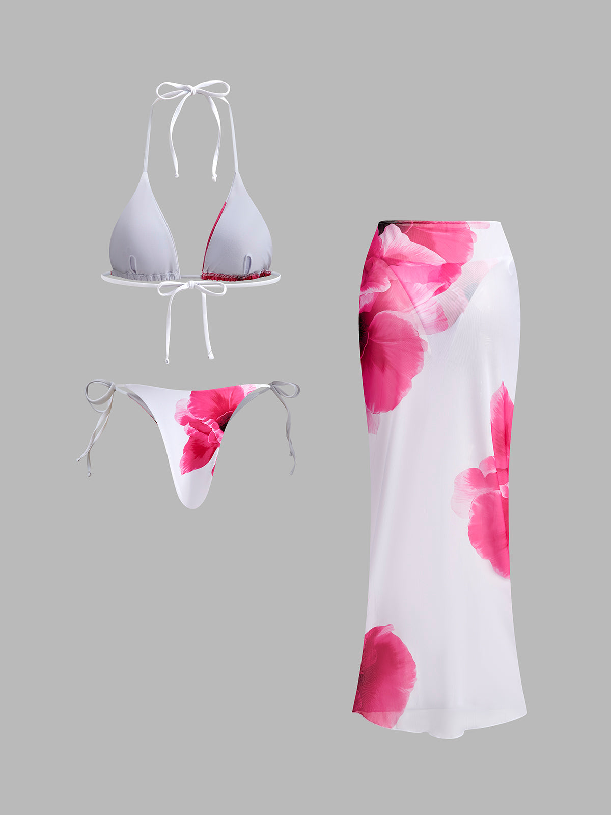 Çiçekli Bikini Seti Şeffaf Etek ile Beyaz Halter