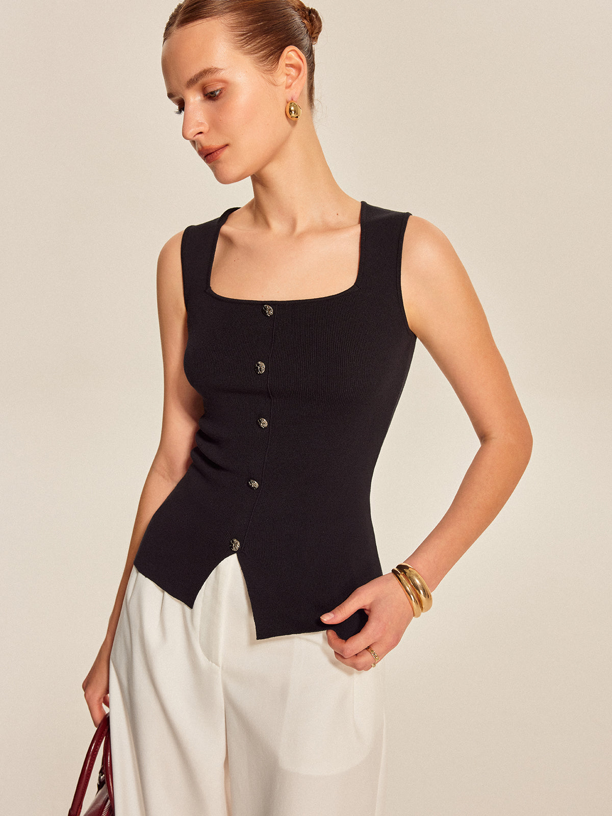 Kare Yaka Kolsuz Bluz Metal Detay Siyah Slim Fit