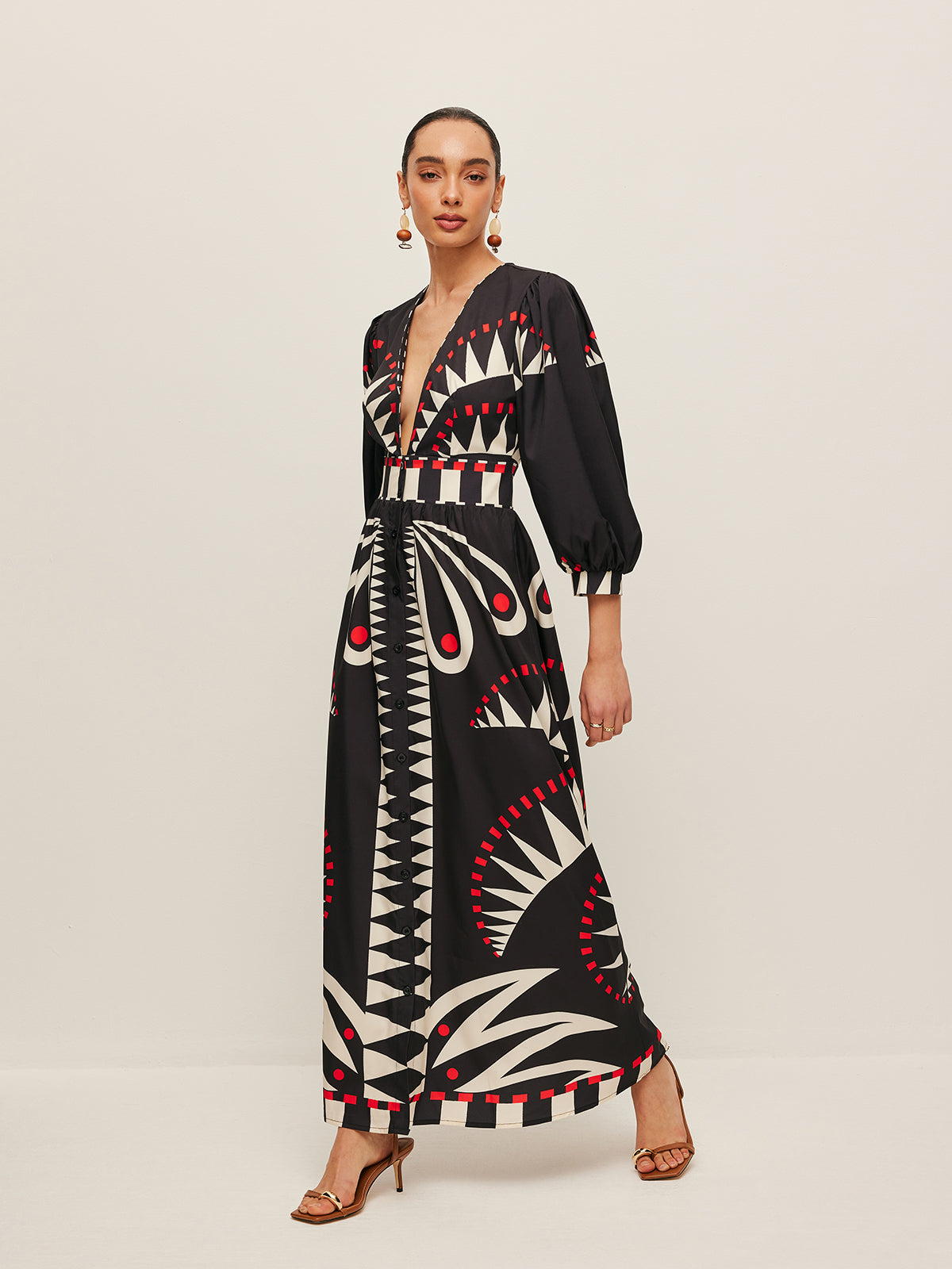 Boho V Yaka Yırtmaçlı Maxi Elbise Siyah Geometrik Desenli
